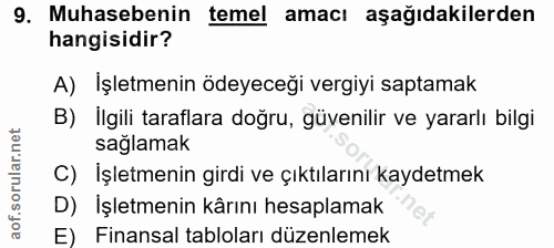 9. soru: Muhasebenin temel amacı aşağıdakilerden hangisidir? A) İşletmenin ödeyeceği vergiyi saptamak B) Ilgili taraflara doğr…