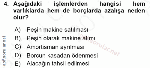 4. soru: Aşağıdaki işlemlerden hangisi hem varlıklarda hem de borçlarda azalışa neden olur? A) Peşin makine satılması B) Peşin…