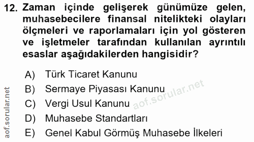 12. soru: Zaman içinde gelişerek günümüze gelen, muhasebecilere finansal nitelikteki olayları ölçmeleri ve raporlamaları için y…