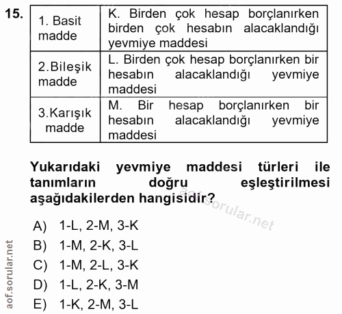 15. soru: 1. Basit K. Birden çok hesap borçlanırken madde birden çok hesabın alacaklandığı yevmiye maddesi 2. Bileşik L. Birden…