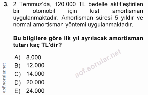 3. soru: 2 Temmuz'da, 120.000 TL bedelle aktifleştirilen bir otomobil için kist amortisman uygulanmaktadır. Amortisman süresi…