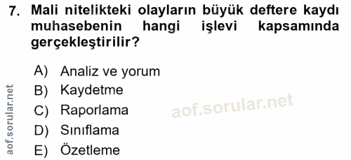 7. soru: Mali nitelikteki olayların büyük deftere kaydı muhasebenin hangi işlevi kapsamında gerçekleştirilir? A) Analiz ve yor…