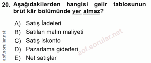 20. soru: Aşağıdakilerden hangisi gelir tablosunun brüt kâr bölümünde yer almaz? A) Satış ladeleri B) Satılan malın maliyeti Sa…