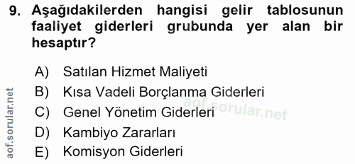 9. soru: Aşağıdakilerden hangisi gelir tablosunun faaliyet giderleri grubunda yer alan bir hesaptır? A) Satılan Hizmet Maliyet…