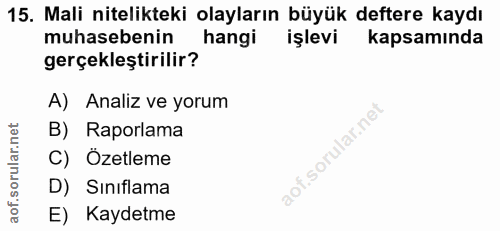 15. soru: Mali nitelikteki olayların büyük deftere kaydı muhasebenin hangi işlevi kapsamında gerçekleştirilir? A) Analiz ve yor…