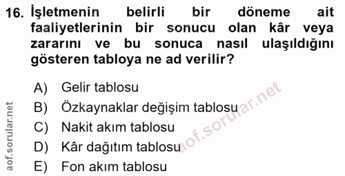 16. soru: İşletmenin belirli bir döneme ait faaliyetlerinin bir sonucu olan kâr veya zararını ve bu sonuca nasıl ulaşıldiğını g…