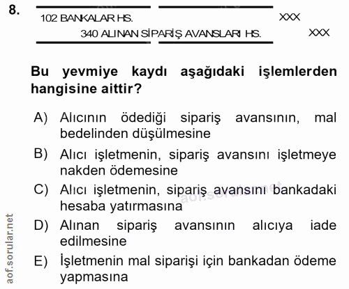 8. soru: xxx 102 BANKALAR HS. 340 ALINAN SIPARIŞ AVANSLARI HS. XXX Bu yevmiye kaydı aşağıdaki işlemlerden hangisine aittir? A)…