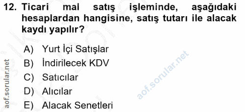 12. soru: Ticari mal satış işleminde, aşağıdaki hesaplardan hangisine, satış tutarı ile alacak kaydı yapılır? A) Yurt İçi Satış…