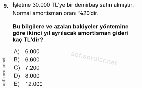 9. soru: İşletme 30.000 TL'ye bir demirbaş satın almıştır. Normal amortisman oranı %20'dir. Bu bilgilere ve azalan bakiyeler y…