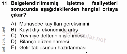 11. soru: Belgelendirilmemiş işletme faaliyetleri sonucunda aşağıdakilerden hangisi ortaya çıkar? A) Muhasebe kayıtları gereksi…