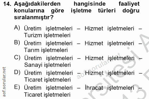 14. soru: Aşağıdakilerden hangisinde faaliyet konularına göre işletme türleri doğru sıralanmıştır? A) Üretim işletmeleri - Hizm…