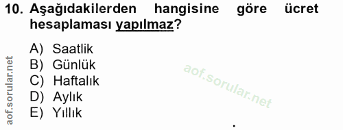 10. soru: Aşağıdakilerden hangisine göre ücret hesaplaması yapılmaz? A) Saatlik B) Günlük C) Haftalık D) Aylık E) Yıllık