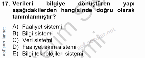 17. soru: Verileri bilgiye dönüştüren yapı aşağıdakilerden hangisinde doğru olarak tanımlanmıştır? A) Faaliyet sistemi ir.net B…
