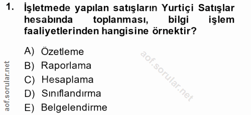 1. soru: İşletmede yapılan satışların Yurtiçi Satışlar hesabinda toplanması, bilgi işlem faaliyetlerinden hangisine örnektir?…