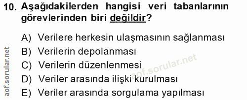10. soru: Aşağıdakilerden hangisi veri tabanlarının görevlerinden biri değildir? A) Verilere herkesin ulaşmasının sağlanması B)…