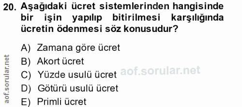20. soru: Aşağıdaki ücret sistemlerinden hangisinde bir işin yapılıp bitirilmesi karşılığında ücretin ödenmesi söz konusudur? A…