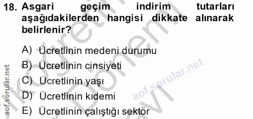 18. soru: Asgari geçim indirim tutarları aşağıdakilerden hangisi dikkate alınarak belirlenir? A) Ücretlinin medeni durumu B) Üc…