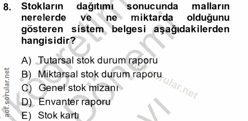 8. soru: Stoklarin dağıtımı sonucunda malların nerelerde vene miktarda olduğunu gösteren sistem belgesi aşağıdakilerden hangis…