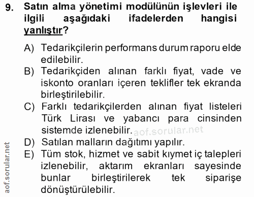 9. soru: Satın alma yönetimi modülünün işlevleri ile ilgili aşağıdaki ifadelerden hangisi yanlıştır? A) Tedarikçilerin perform…