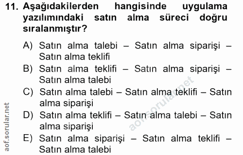 11. soru: Aşağıdakilerden hangisinde uygulama yazılımındaki satın alma süreci dogru sıralanmıştır? A) Satın alma talebi - Satın…