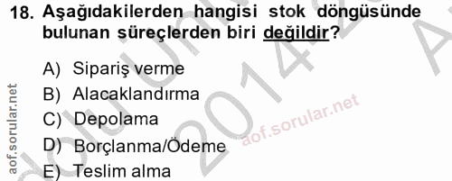 18. soru: Aşağıdakilerden hangisi stok döngüsünde bulunan şüreçlerden biri değildir? A) Sipariş verme B) Alacaklandırma C) Depo…