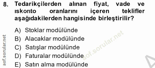8. soru: Tedarikçilerden alınan fiyat, vade ve Iskonto oranlarını içeren teklifler aşağıdakilerden hangisinde birleştirilir? A…