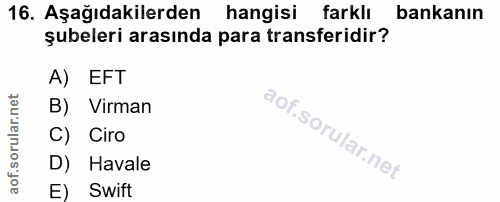16. soru: Aşağıdakilerden hangisi farklı bankanın şubeleri arasında para transferidir? A) EFT B) Virman C) Ciro D) Havale E) Swift