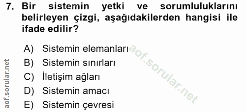 7. soru: Bir sistemin yetki ve sorumluluklarını belirleyen çizgi, aşağıdakilerden hangisi ile ifade edilir? A) Sistemin eleman…