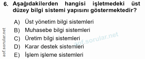 6. soru: Aşağıdakilerden hangisi işletmedeki üst düzey bilgi sistemi yapısını göstermektedir? A) Ust yönetim bilgi sistemleri…