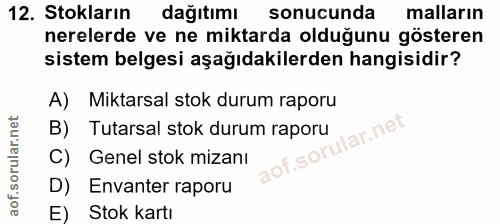 12. soru: Stokların dağıtımı sonucunda malların nerelerde ve ne miktarda olduğunu gösteren sistem belgesi aşağıdakilerden hangi…