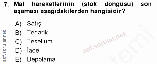 7. soru: Mal hareketlerinin (stok döngüsü) son aşaması aşağıdakilerden hangisidir? A) Satış B) Tedarik C) Tesellüm D) lade E)…