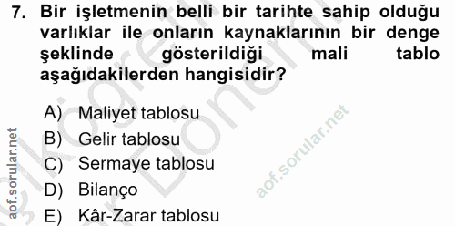 7. soru: Bir işletmenin belli bir tarihte sahip olduğu varlıklar ile onların kaynaklarının bir denge şeklinde < gösterildiği m…