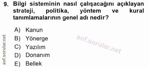 9. soru: Bilgi sisteminin nasıl çalışacağını açıklayan strateji, politika, yöntem ve kural tanımlamalarının genel adı nedir? A…