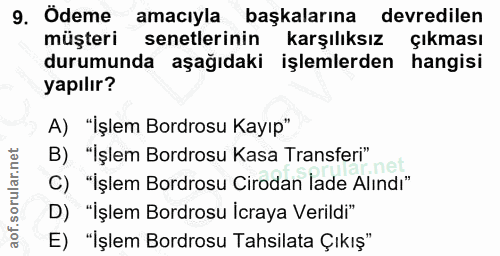 9. soru: Ödeme amacıyla başkalarına devredilen müşteri senetlerinin karşılıksız çıkması durumunda aşağıdaki işlemlerden hangis…