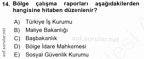 14. soru: Bölge çalışma raporları aşağıdakilerden hangisine hitaben düzenlenir? A) Türkiye İş Kurumu B) Maliye Bakanlığı C) Baş…