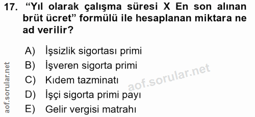 17. soru: "Yıl olarak çalışma süresi X En son alınan brüt ücret" formülü ile hesaplanan miktara ne ad verilir? A) İşsizlik sigo…