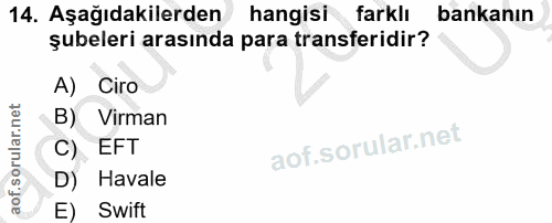 14. soru: Aşağıdakilerden hangisi farklı bankanın şubeleri arasında para transferidir? A) Ciro B) Virman C) EFT D) Havale E) Swift