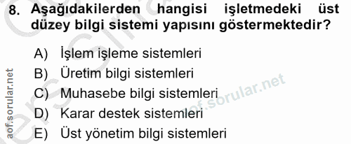 8. soru: Aşağıdakilerden hangisi işletmedeki üst düzey bilgi sistemi yapısını göstermektedir? A) İşlem işleme sistemleri C) Mu…