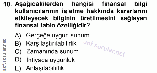 10. soru: Aşağıdakilerden hangisi finansal bilgi kullanıcılarının işletme hakkında kararlarını etkileyecek bilginin üretilmesin…