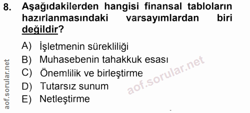 8. soru: Aşağıdakilerden hangisi finansal tabloların hazırlanmasındaki varsayımlardan biri değildir? A) İşletmenin sürekliliği…