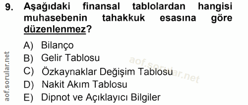 9. soru: Aşağıdaki finansal tablolardan hangisi muhasebenin tahakkuk esasina göre düzenlenmez? A) Bilanço B) Gelir Tablosu c)…