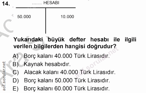 14. soru: HESABI 50.000 10.000 Yukarıdaki büyük defter hesabı ile ilgili verilen bilgilerden hangisi doğrudur? A) Borç kalanı 4…