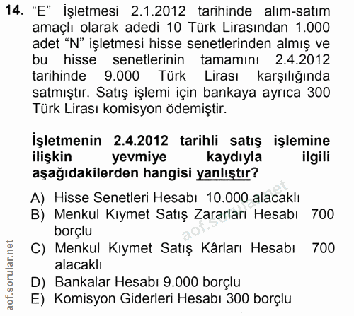 14. soru: "E" İşletmesi 2.1.2012 tarihinde alım-satım amaçlı olarak adedi 10 Türk Lirasından 1.000 adet "N" işletmesi hisse sen…