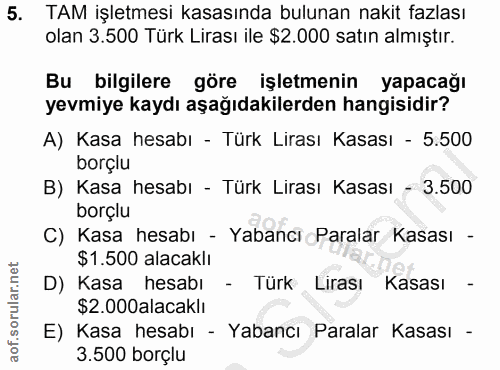 5. soru: TAM işletmesi kasasında bulunan nakit fazlası olan 3.500 Türk Lirası ile $2.000 satın almıştır. Bu bilgilere göre işl…