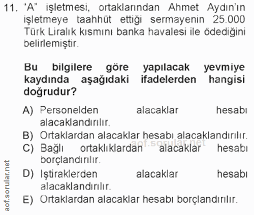 11. soru: "A" işletmesi, ortaklarından Ahmet Aydın'ın işletmeye taahhüt ettiği sermayenin 25.000 Türk Liralık kısmını banka hav…