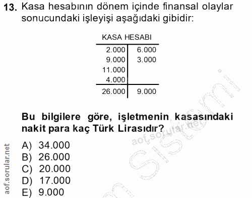 13. soru: Kasa hesabının dönem içinde finansal olaylar sonucundaki işleyişi aşağıdaki gibidir: KASA HESABI 2.000 6.000 9.000 3.…
