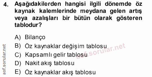 4. soru: Aşağıdakilerden hangisi ilgili dönemde öz kaynak kalemlerinde meydana gelen artış veya azalışları bir bütün olarak gö…
