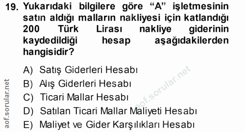 19. soru: Yukarıdaki bilgilere göre "A" işletmesinin satın aldığı malların nakliyesi için katlandığı 200 Türk Lirası nakliye gi…