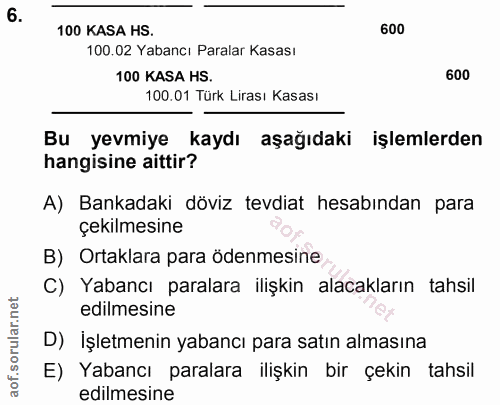 6. soru: 100 KASA HS. 600 100.02 Yabancı Paralar Kasası 100 KASA HS. 600 100.01 Türk Lirası Kasası Bu yevmiye kaydı aşağıdaki…