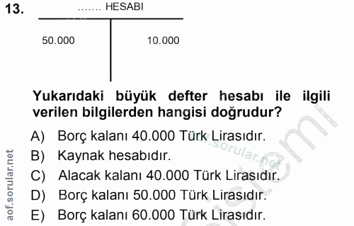 13. soru: HESABI 50.000 10.000 Yukarıdaki büyük defter hesabı ile ilgili verilen bilgilerden hangisi doğrudur? A) Borç kalanı 4…
